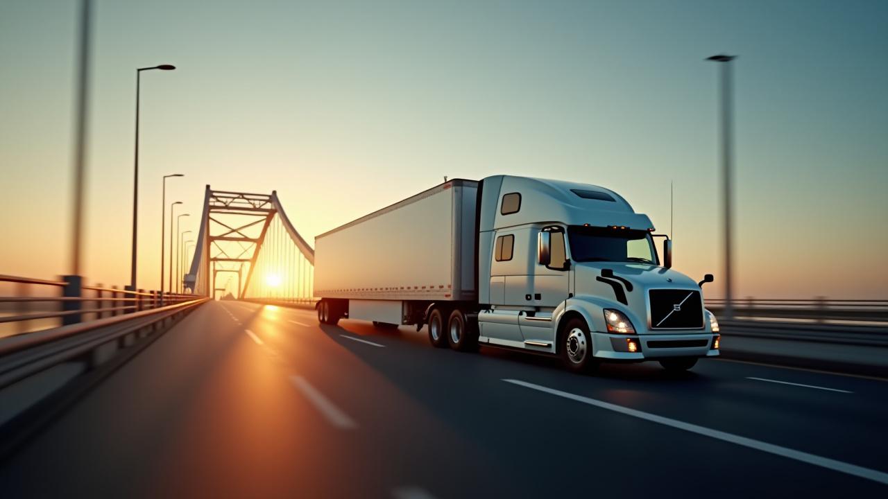 Logistics truck crossing the U.S.-Mexico border bridge with synchronized supply chain movement