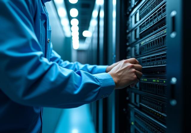 Specialized technicians securing high-value server racks for transport