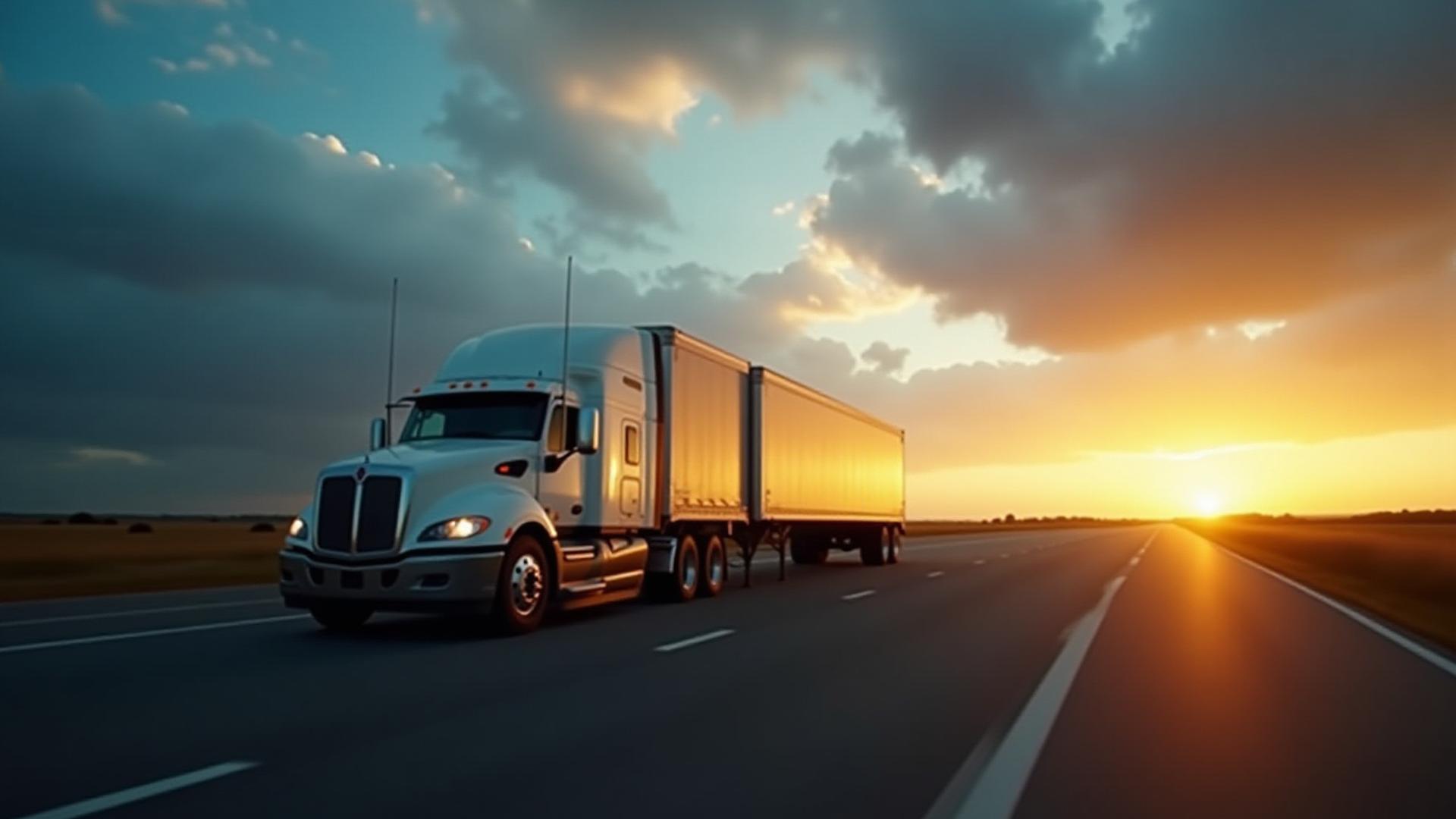 B6 Transportation semi-truck moving at twilight on a North American highway