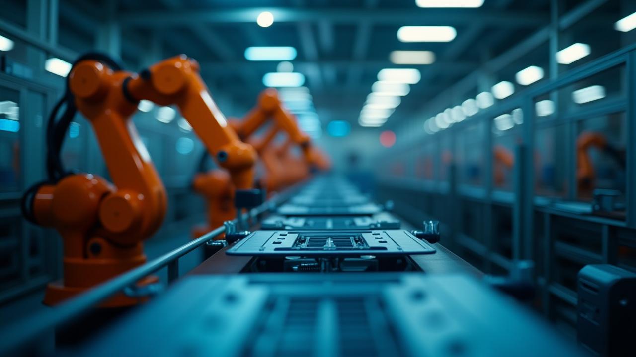 Clean modern manufacturing facility with automated robotic arms representing precision logistics
