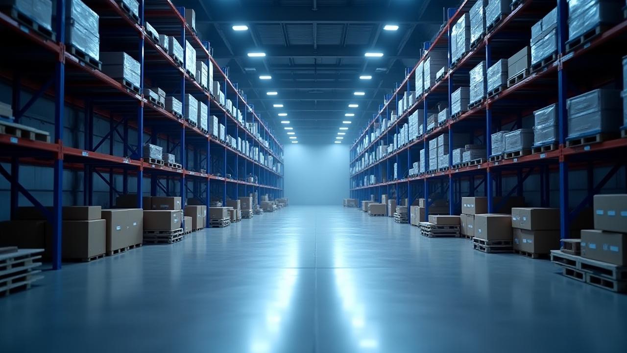 Clean modern warehouse interior with organized racking systems at B6 Transportation